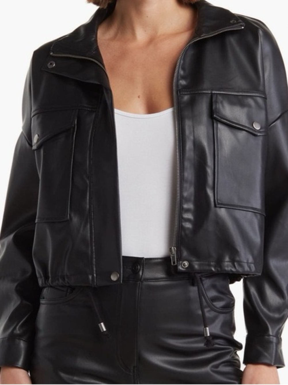 T TAHARI Faux Leather Bomber Jacket M 24” p2p Black EUC